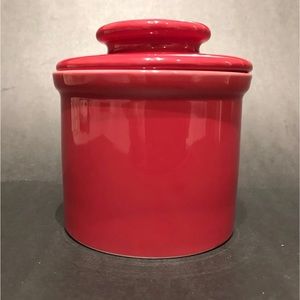 Beurre Red with white rim inside 2 piece ceramic Butter Crock.